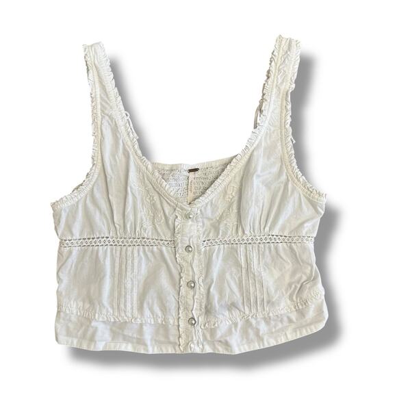 Free People White Lace Crop Top Cotton Smocked Boho Cottagecore Coquette M - Picture 1 of 8